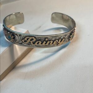 Custom Engraved 'Rainey' Silver Cuff Bracelet with Turquoise Accents outlaw